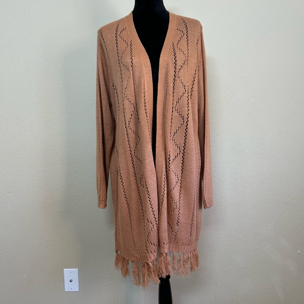 CW Classics top women 1X long sleeve open front textured cardigan tasseled tan